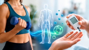 Persona realizando ejercicios de fuerza mientras se controla la glucosa, representando la relación entre la masa muscular y la prevención de la diabetes tipo 2.