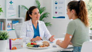 Dietista-nutricionista conversa con una mujer con diabetes tipo 1 sobre alimentación y bienestar emocional durante una consulta clínica.