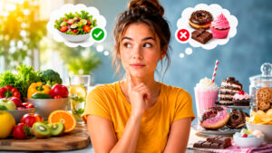 Persona reflexionando entre alimentos saludables y alimentos dulces para ilustrar las diferencias entre el apetito y los antojos.